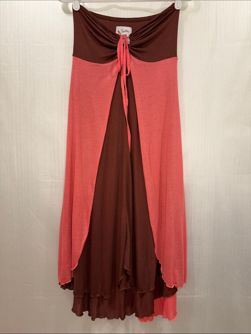 Sweetees Coral and Brown Strapless Midi Dress with High Low Skirt